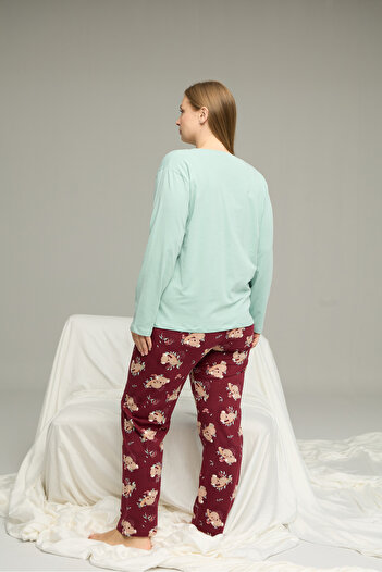 Siyah İnci yeşil desenli Curve Büyük Beden Battal Boy Pamuklu Pijama Takım25240781