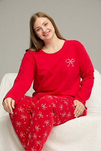 Siyah İnci Red Pattern Curve Large Size Battal Size Cotton Pajamas Suit25240845