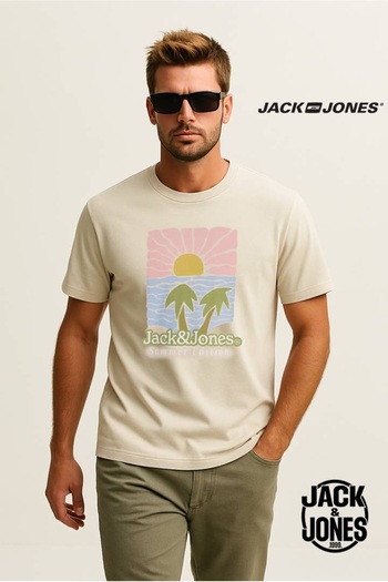 Jack & Jones J&J Jjdown Men's Logo Printed T-Shirt Ecru Beige A0000