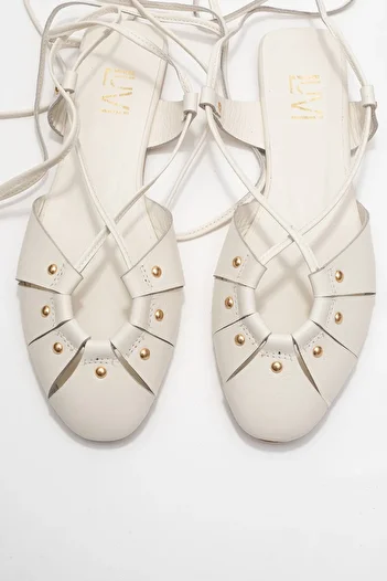 LuviShoes Daria Ecru Genuine Leather Trock Ankle Lace Women's Sandals