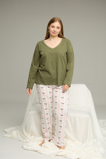Siyah İnci Green Pattern Curve Large Size Battal Size Cotton Pajamas Suit25240796