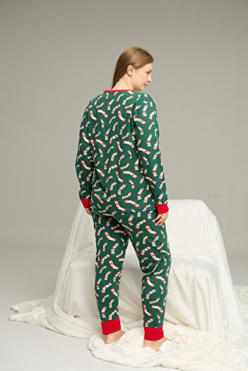 Siyah İnci yeşil desenli Curve Büyük Beden Battal Boy Pamuklu Pijama Takım25240764