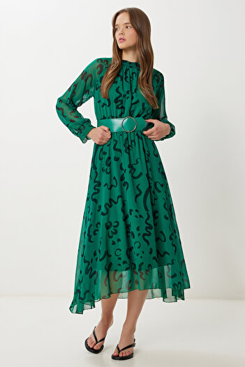 Lovelyİstanbul Rochie din șifon cu volan cu model de centură LFG0075 VERDE ÎNCHIS