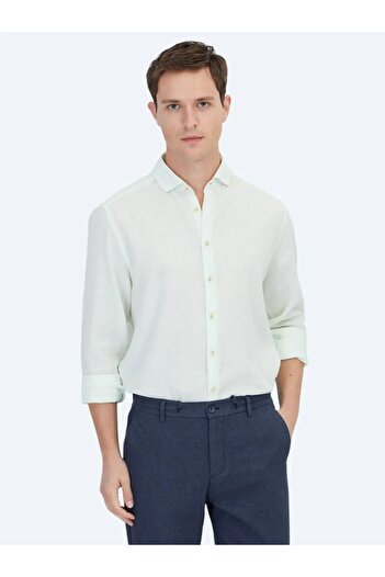 Kip Water Green Plain Woven Casual Cotton Blend Shirt