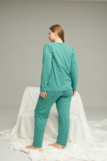 Siyah İnci yeşil desenli Curve Büyük Beden Battal Boy Pamuklu Pijama Takım25240844