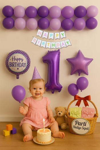 parti hediye sepeti Lilac 1 Year Birthday Set |   Purple Star Happy Birthday Balloon Decoration