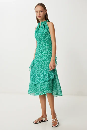 Lovelyİstanbul Rochie din șifon de vară cu volan cu model LFG0056 VERDE