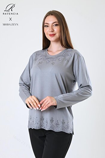 Ravencia Women's Middle Age and Above Viscose Leaf Patterned Skirt Collar Stone Embroidered Lycra Gray Mother Combed Cotton Blu