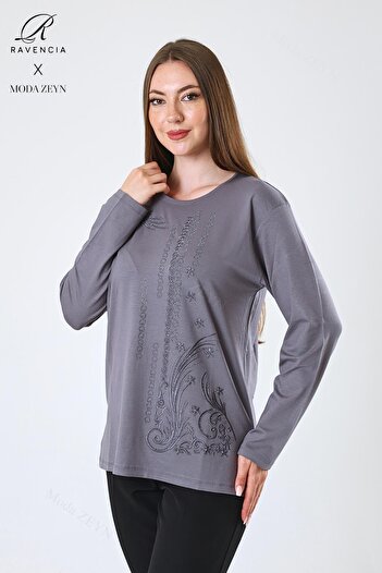 Ravencia Women's Middle Age and Above Viscose Ring Stripe Pattern Stone Embroidered Lycra Gray Mother Combed Cotton Blouse