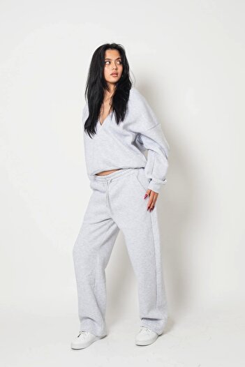 Bak Moda Σετ φόρμας με λαιμόκοψη V με λεπτομέρεια Oversize Unisex Basic Premium γκρι