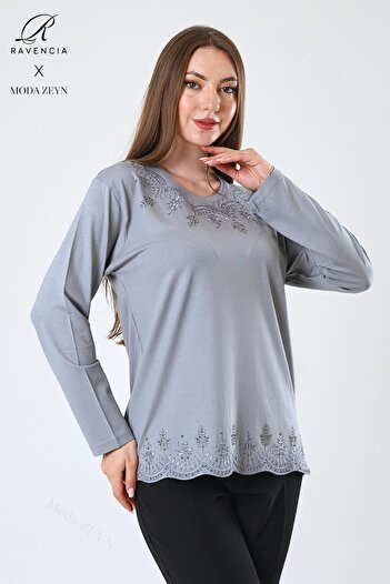 Ravencia Women's Middle Age and Above Viscose Leaf Patterned Skirt Collar Stone Embroidered Lycra Gray Mother Combed Cotton Blu