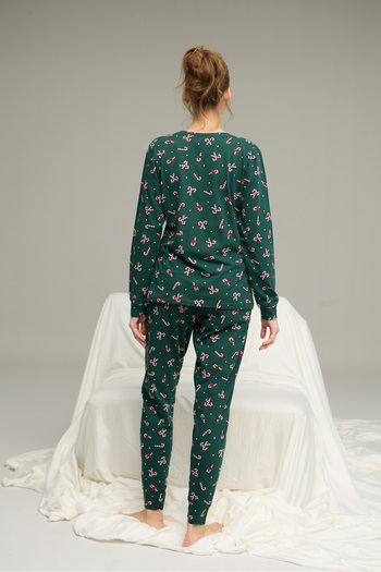 Siyah İnci yeşil şeker desenli Örme Pamuklu Pijama Takım25240277