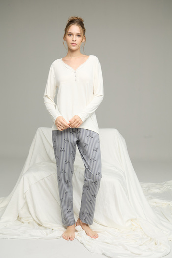 Siyah İnci Knitted Cotton Pajamas Suit with Ecru Ribbon Pattern25240241