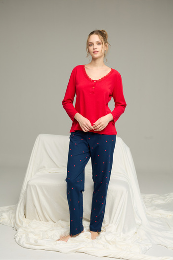 Siyah İnci Red Pattern Knitted Cotton Pajamas Suit25240229