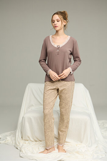 Siyah İnci vizon leopar desenli Örme Pamuklu Pijama Takım25240265