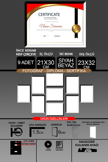 Bytwo 9 Pieces 21X30 Frame - Fine Slatted A4 Frame - 2 Colors Black and White - Photo Certificate Frame