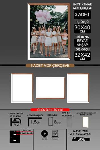 Bytwo 3 Pieces 30X40 Frame - Thin Slatted A3 Frame - 2 Colors White Wood - 6mm Photo Frame