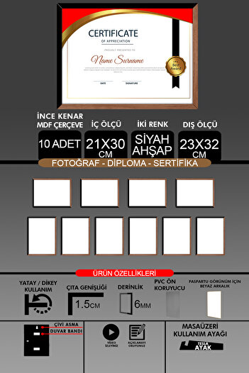 bymat 10 Pieces 21X30 Frame - Thin Slatted A4 Frame - 2 Colors Wood Black - Photo Certificate Frame
