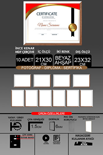 bymat 10 Pieces 21X30 Frame - Thin Slatted A4 Frame - 2 Colors White Wood - Photo Certificate Frame