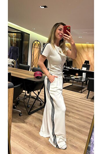 QBZ Stripe Detail Crop Tee Shirt Wide Leg Modal Suit