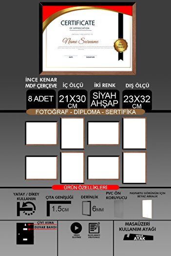 bymat 8 Pieces 21X30 Frame - Fine Slatted A4 Frame - 2 Colors Wood Black - Photo Certificate Frame