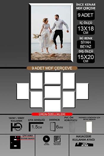 bymat 9Pcs 13X18 Frame - Thin Slatted Frame - 2 Colors Black White - 6mm Frame Photo Frame