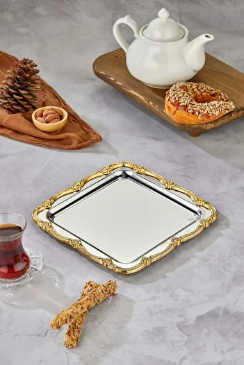 Turkco Square Frame Series Metal Presentation Promise Engagement Tray, Silver Tray Gold Accessory