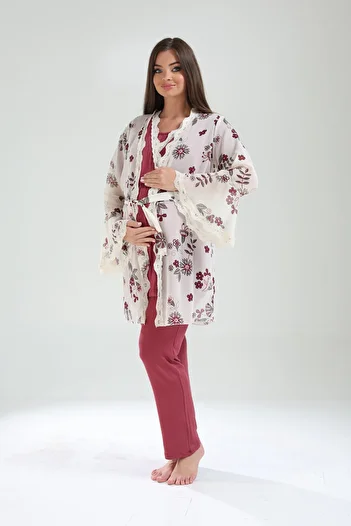 Lohussa Women's Burgundy Flounced Special Design Patterned Lace Maternity Maternity Dressing Gown Pajama Set