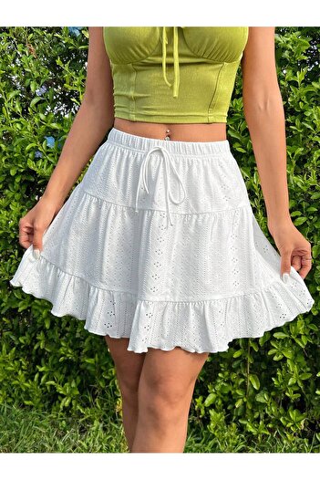 poswicon White Embroidered Ruffle Lace-Up Skirt