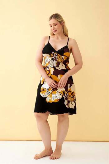modaserdem Mdsrdm Women's Plus Size Black Floral Patterned Strap Nightdress