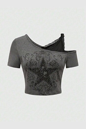 Köstebek Gothic Star Short Sleeve Crop Blouse with Additional Strap