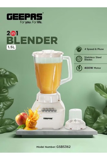 Geepas 2-in-1 Blender, 1.5L Plastic Jar, 4 Speed Control with Pulse | Over Heat Protection