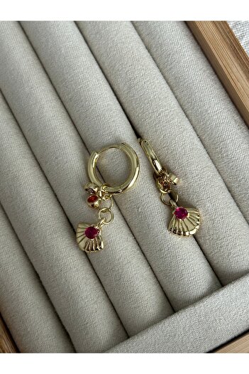 ringbox Fuşya Taşlı İstiridye Gold Küpe