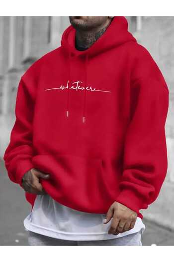 caddekombin Whatever Printed Hooded Pocket Cotton Red Sweatshirt