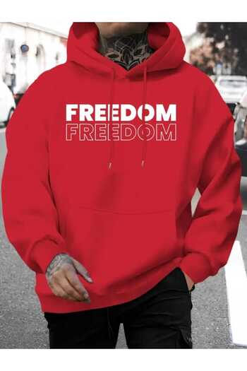 caddekombin Freedom Mirror Printed Hooded Pocket Red Sweatshirt with Wool Inside