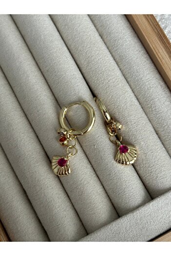 ringbox Fuşya Taşlı İstiridye Gold Küpe