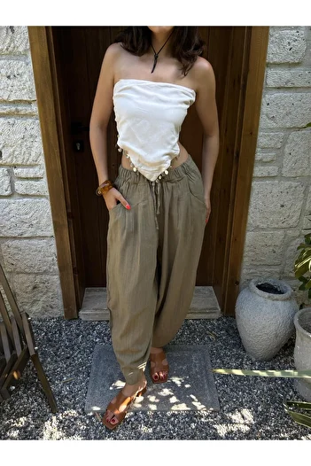 minaaise Khaki 100% Organic Fabric Loose Cut Design Trousers 29267