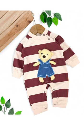 voyyo kids baby Striped Bottom Snap Fastener 3-12 Months Baby Rompers with Teddy Bear Accessories 100% Cotton