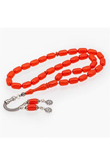 ALYANSEVİM 925 Sterling Silver Tasseled Orange Color Capsule Cut Amber Prayer Beads