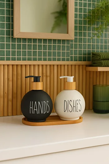 ERKUGO Top Model Glass Soap Dispenser with Bamboo Stand, Hands & Dishes 500 ml Liquid Soap Dispenser Set