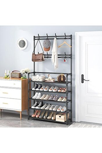 SUKILO Free-Standing Coat and Shoe Rack – 5-Tier Storage Organizer with 8 Hooks