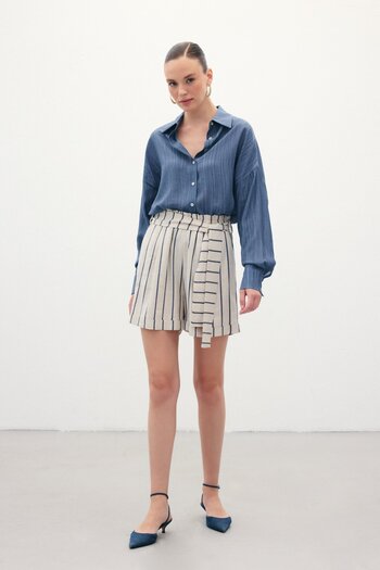 Sateen شورت كتان مخطط - أزرق داكن
