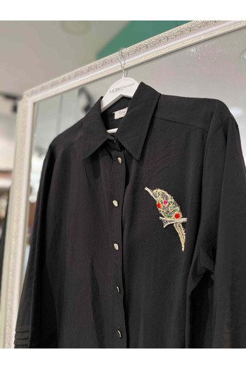 MERAM BUTİK Tri̇pen Tunic Bird Embroidered 3113 - Black - 2