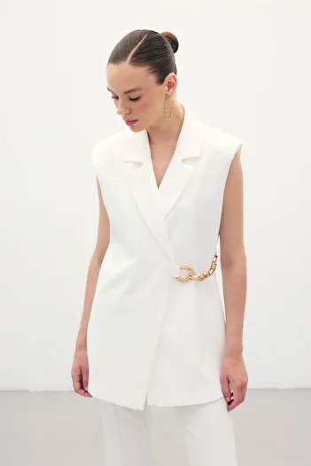 Sateen Long Vest with Side Accessories - Ecru