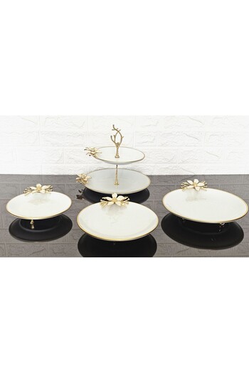 atabey home Porcelain 4-Piece Presentation Plate & Cookie Plate & Footed Presentation Plate Round Set - White Daisy Cast