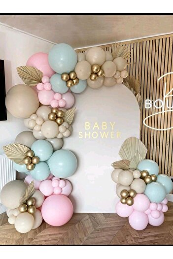 Ezgi Party Store Party Set with 100 Balloons Sand Beige Blue Pink and Chrome Gold Balloons Birthday Concept