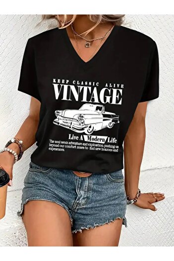 FUFLUNS Vintage Printed Women's Oversize V-Neck T-Shirt