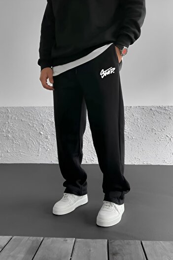 THE RULE Pantaloni de sport negri sezonieri cu 3 fire, largi, cu picioare drepte, cu imprimeu Stwd RF0541