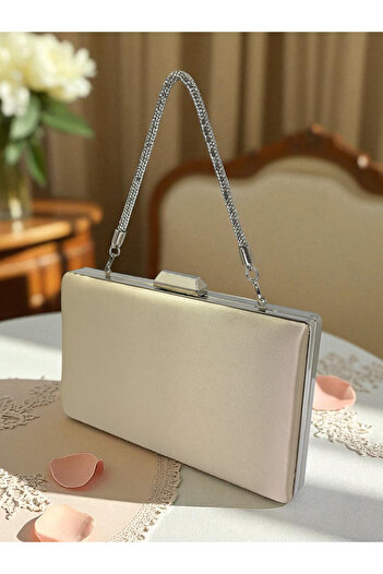 Wedding Fashion Skin Nude Satin Color Silver Detailed Stone Handle Evening Dress Bag Evening Bag Engagement Wedding Bag