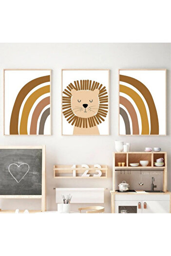 NT Handmade Natural Wooden Framed Uv Printing 3-Piece Lion Wall Painting – Modern Stylish Baby Kids Room Wall Decor